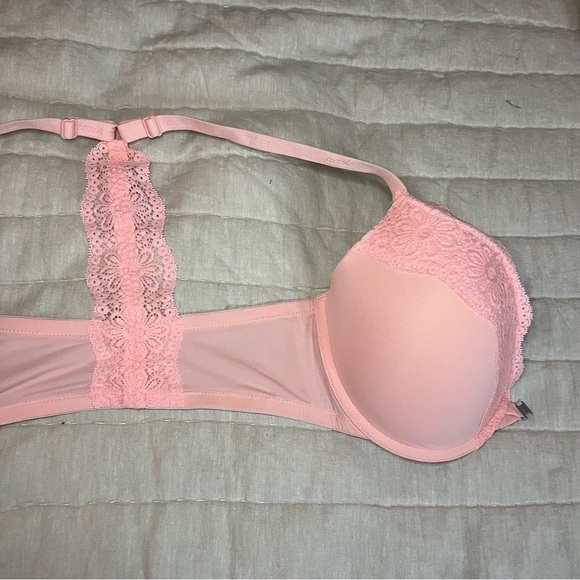 Aerie Light Pink Lace Trimmed Underwire Racerback Push Up Bra Size 32DDD - Picture 9 of 11